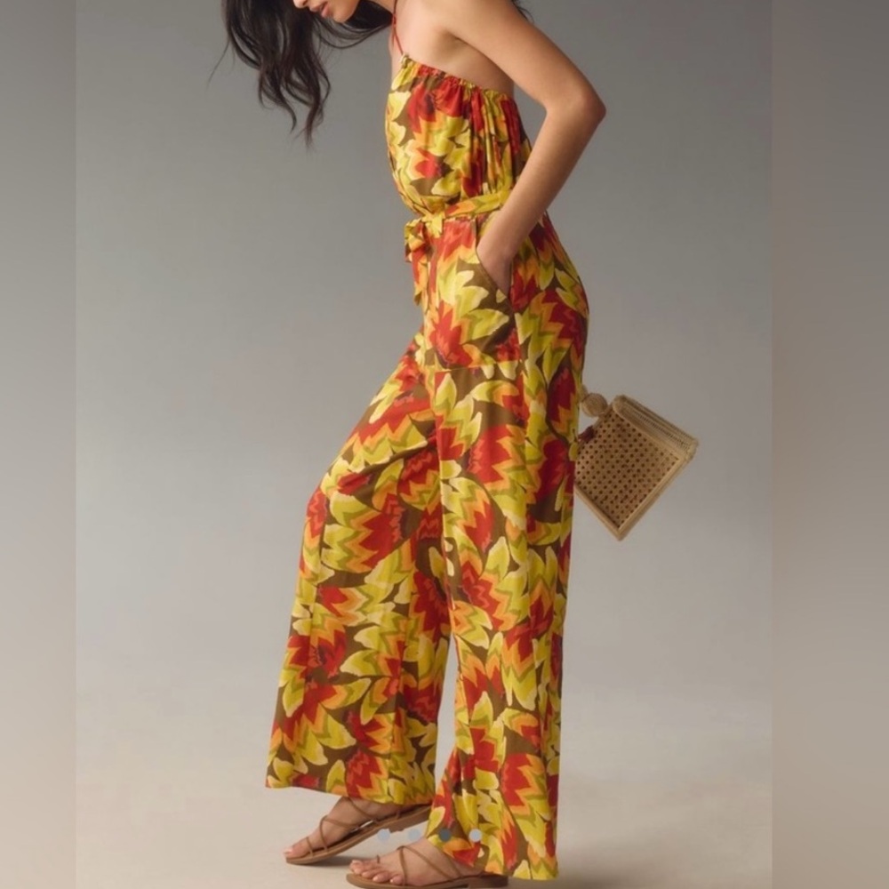 NWT FARM Rio Yellow/Red Multicolor Halter Leaf Boho Jumpsuit, Size XL - Picture 3 of 10